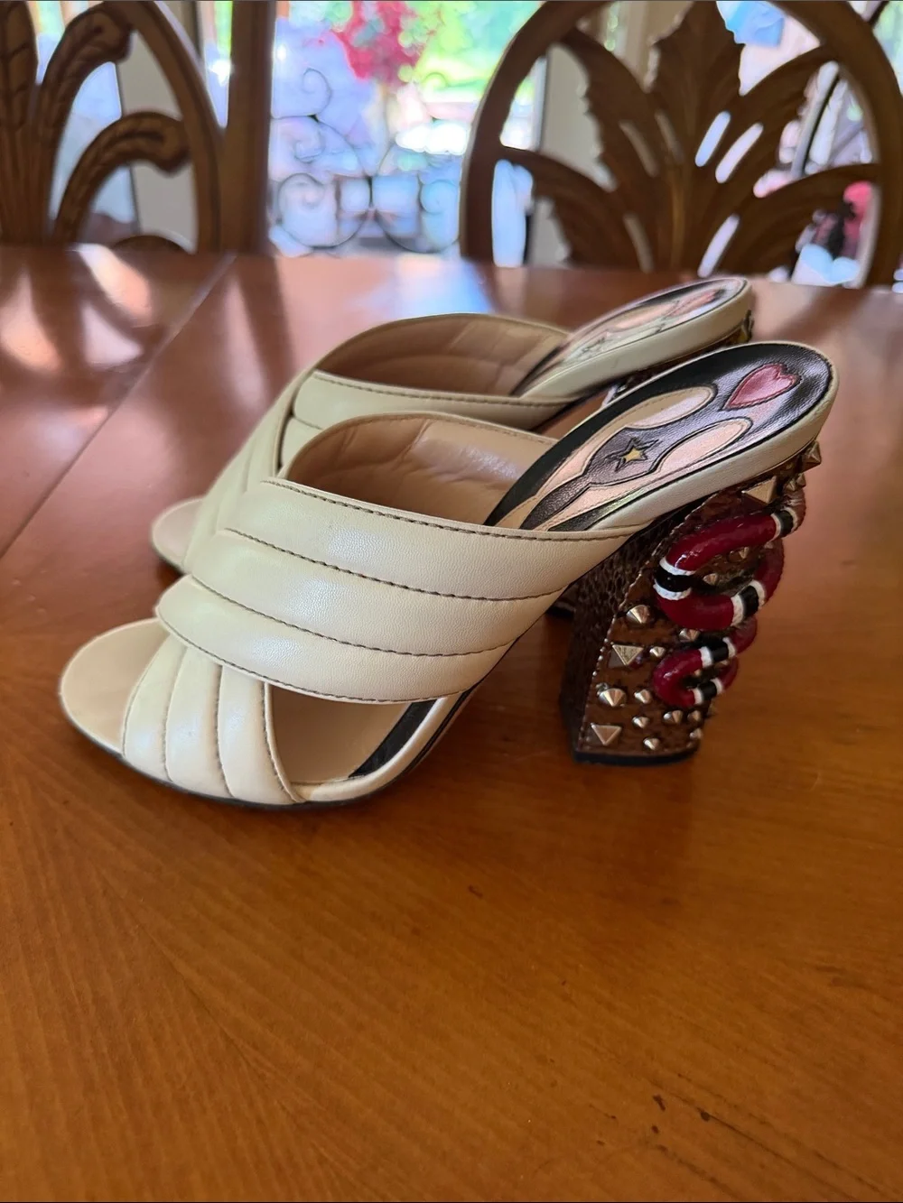Gucci Cream Slip-On Heels with Red & Black Embellished Snake-Detail Heel - Picture 5 of 10